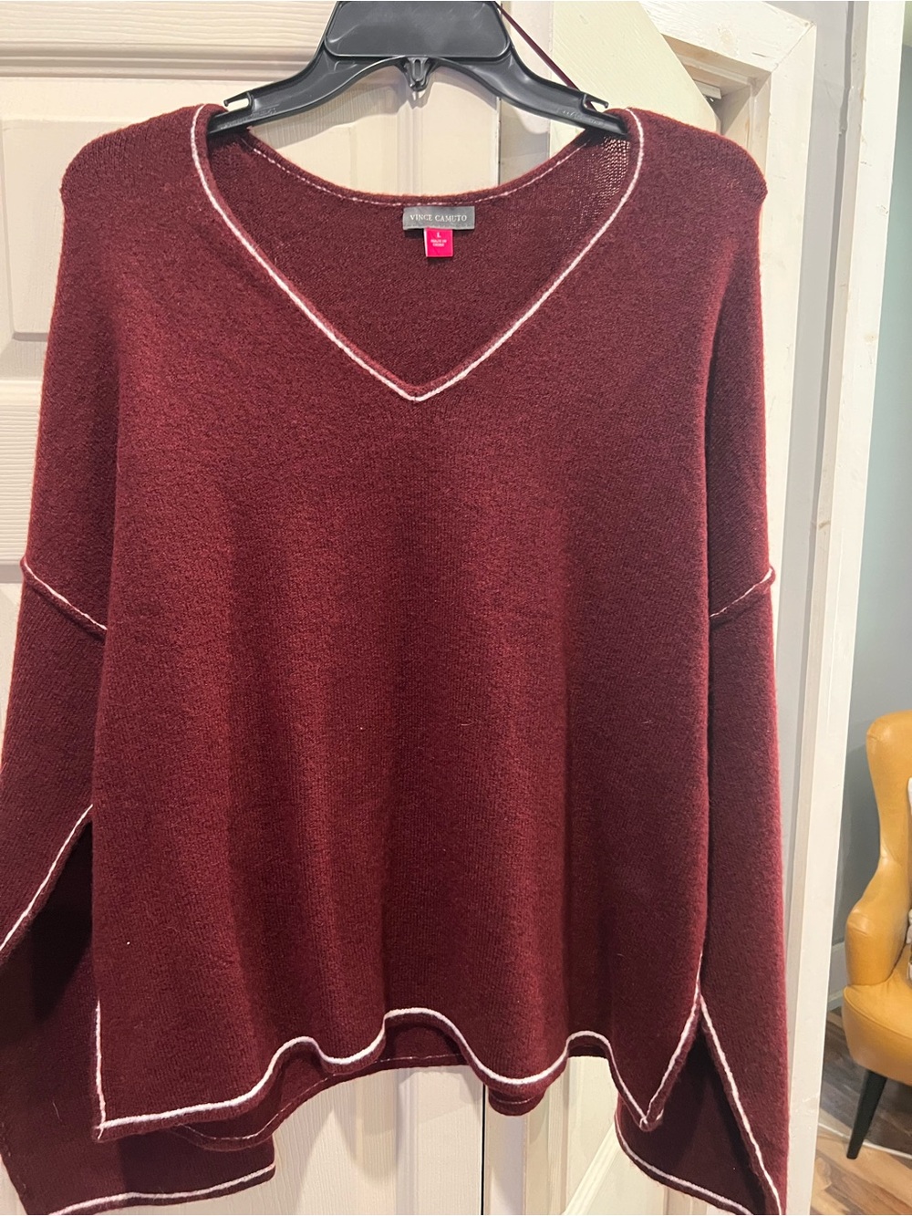 Vince Camuto Women's Deep Burgundy V-Neck Sweater with White Piping